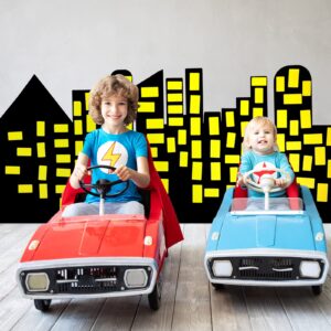 City Skyline Backdrops Hero Backdrop with 2 Pcs Yellow Stickers DIY Hero Background for Kid Backdrop City Skyline Buildings Photography Background Hero Birthday Party Decor Supplies Baby Shower