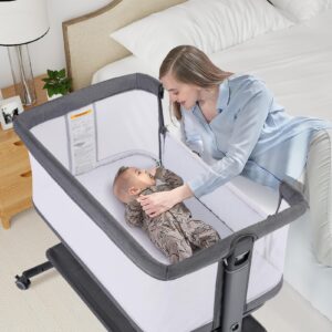 kinder king portable baby bassinet w/carry bag, newborn bedside crib sleeper, adjustable height, all-sided mesh infant travel crib, removable mattress, storage space, no tool to assemble, dark grey