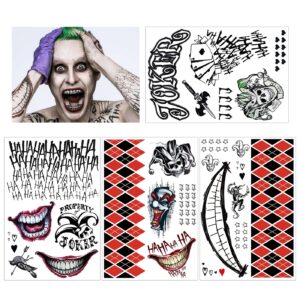 joker tattoos suicide squad stickers, 4 sheets halloween temporary tattoos hand face makeup kit, death skull smile face