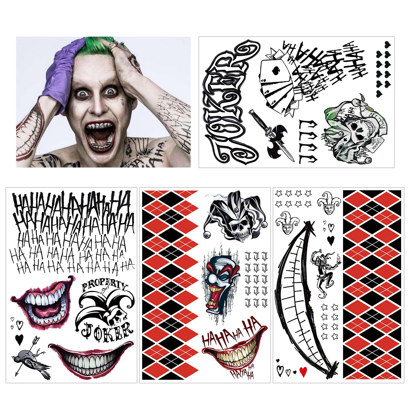 Joker Tattoos Suicide Squad Stickers, 4 Sheets Halloween Temporary Tattoos Hand Face Makeup Kit, Death Skull Smile Face