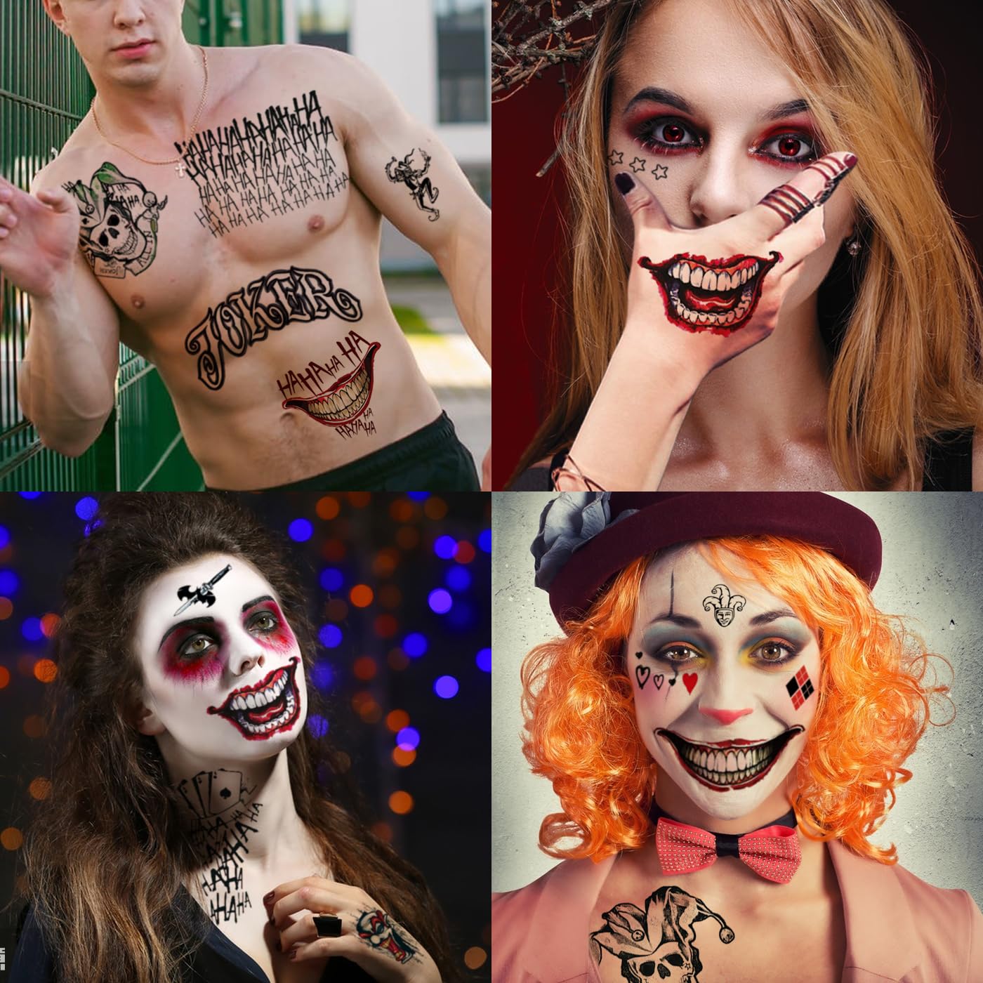 Joker Tattoos Suicide Squad Stickers, 4 Sheets Halloween Temporary Tattoos Hand Face Makeup Kit, Death Skull Smile Face