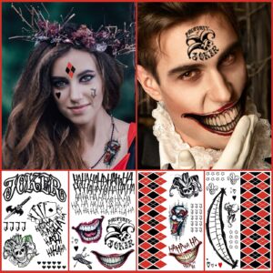 Joker Tattoos Suicide Squad Stickers, 4 Sheets Halloween Temporary Tattoos Hand Face Makeup Kit, Death Skull Smile Face