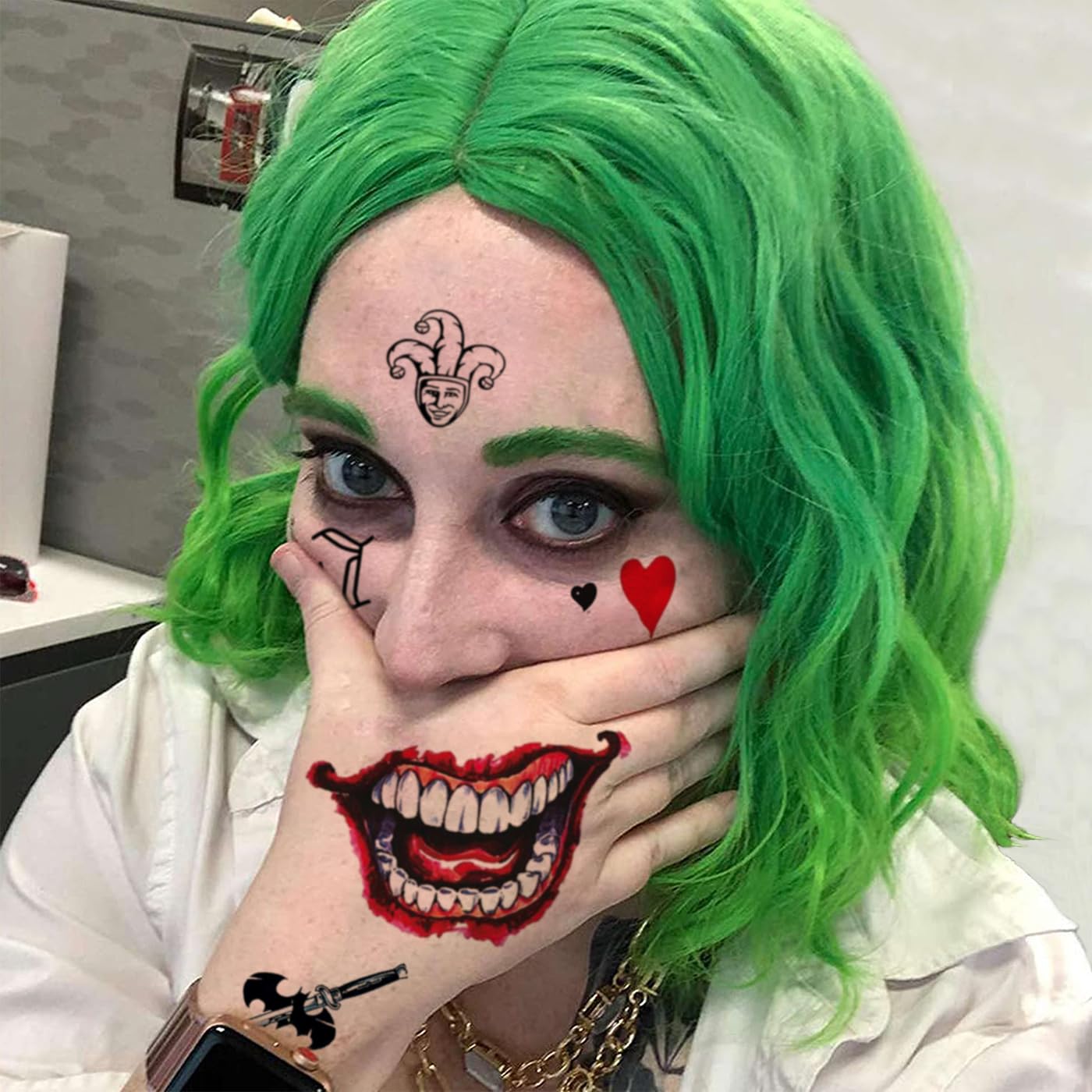 Joker Tattoos Suicide Squad Stickers, 4 Sheets Halloween Temporary Tattoos Hand Face Makeup Kit, Death Skull Smile Face