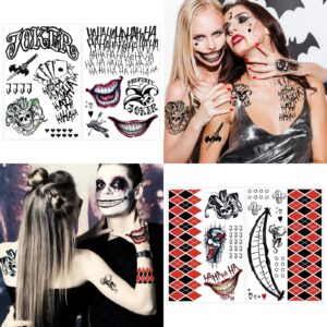 Joker Tattoos Suicide Squad Stickers, 4 Sheets Halloween Temporary Tattoos Hand Face Makeup Kit, Death Skull Smile Face