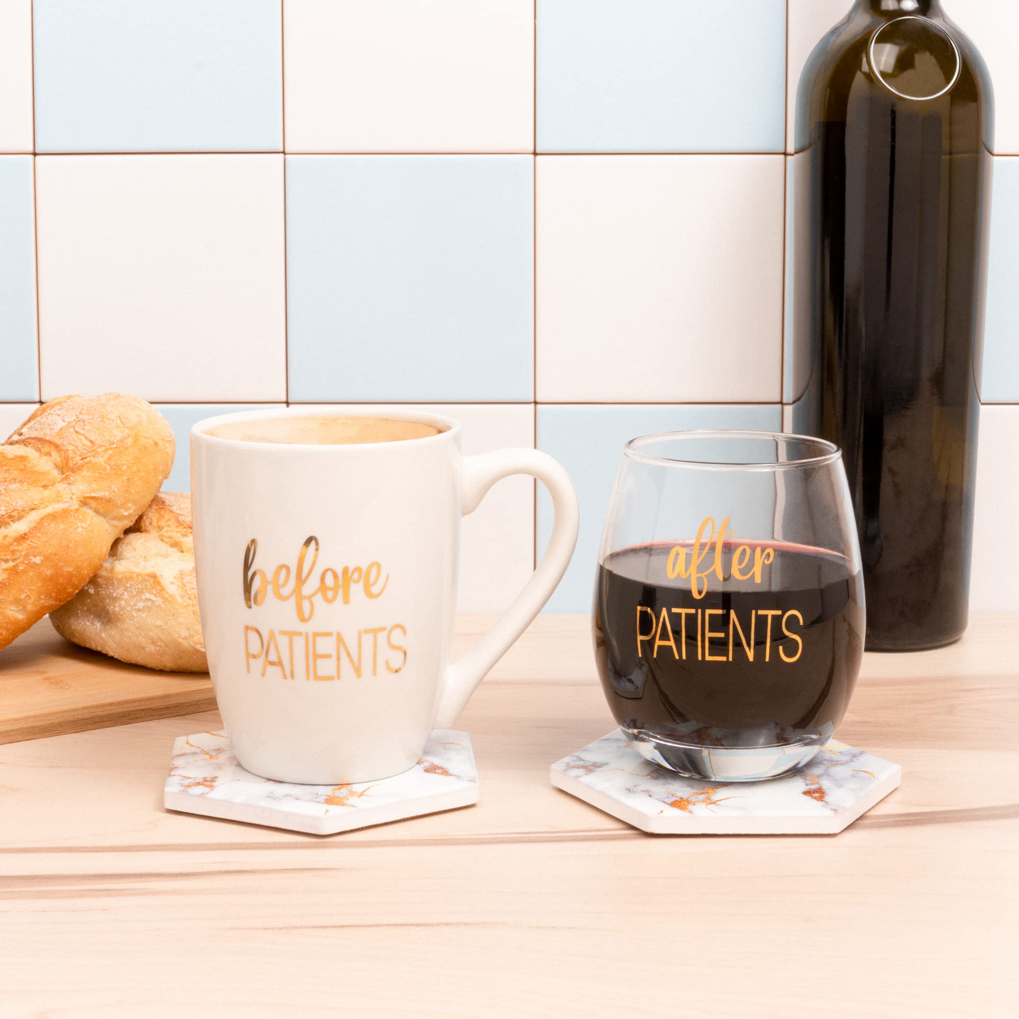 EasyZip Before Patients After Patients Coffee Mug Stemless Wine Glass 2 Marble Ceramic Coasters Thank Your Favorite Medical Professional Unique Gift Dentist Doctor Physician or Nurse Graduation Gift