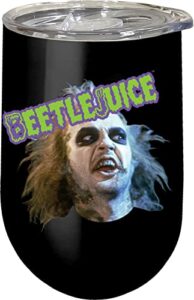 spoontiques beetlejuice - insulated wine tumbler with lid – double wall stainless steel stemless wine glass – 16oz - 5 5/8” tall