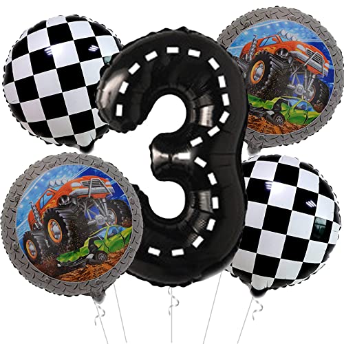 Monster Truck Party Supplies 5pcs Monster Truck 3rd Birthday Balloon set Giant 40" Race Car Number 3 Balloon 2pcs 18" Monster Truck Balloons 2pcs Black White Flags Balloons