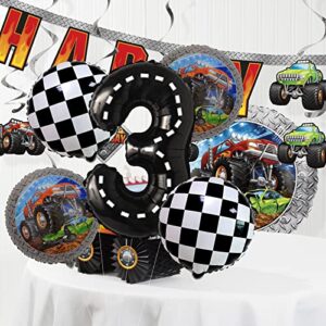 Monster Truck Party Supplies 5pcs Monster Truck 3rd Birthday Balloon set Giant 40" Race Car Number 3 Balloon 2pcs 18" Monster Truck Balloons 2pcs Black White Flags Balloons