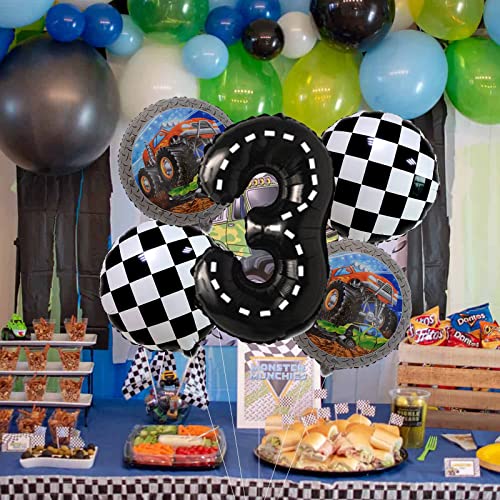 Monster Truck Party Supplies 5pcs Monster Truck 3rd Birthday Balloon set Giant 40" Race Car Number 3 Balloon 2pcs 18" Monster Truck Balloons 2pcs Black White Flags Balloons