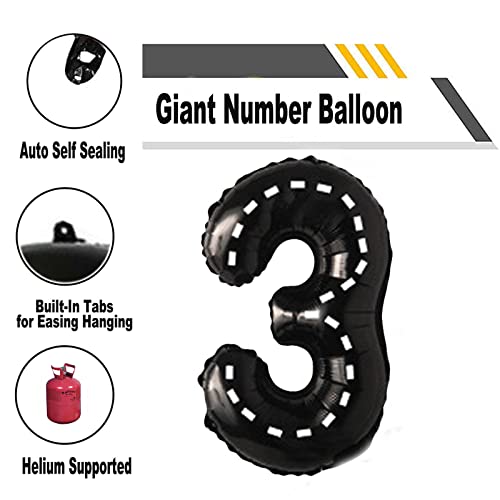 Monster Truck Party Supplies 5pcs Monster Truck 3rd Birthday Balloon set Giant 40" Race Car Number 3 Balloon 2pcs 18" Monster Truck Balloons 2pcs Black White Flags Balloons