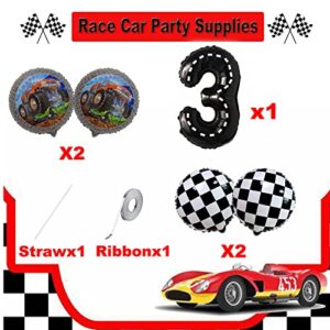 Monster Truck Party Supplies 5pcs Monster Truck 3rd Birthday Balloon set Giant 40" Race Car Number 3 Balloon 2pcs 18" Monster Truck Balloons 2pcs Black White Flags Balloons