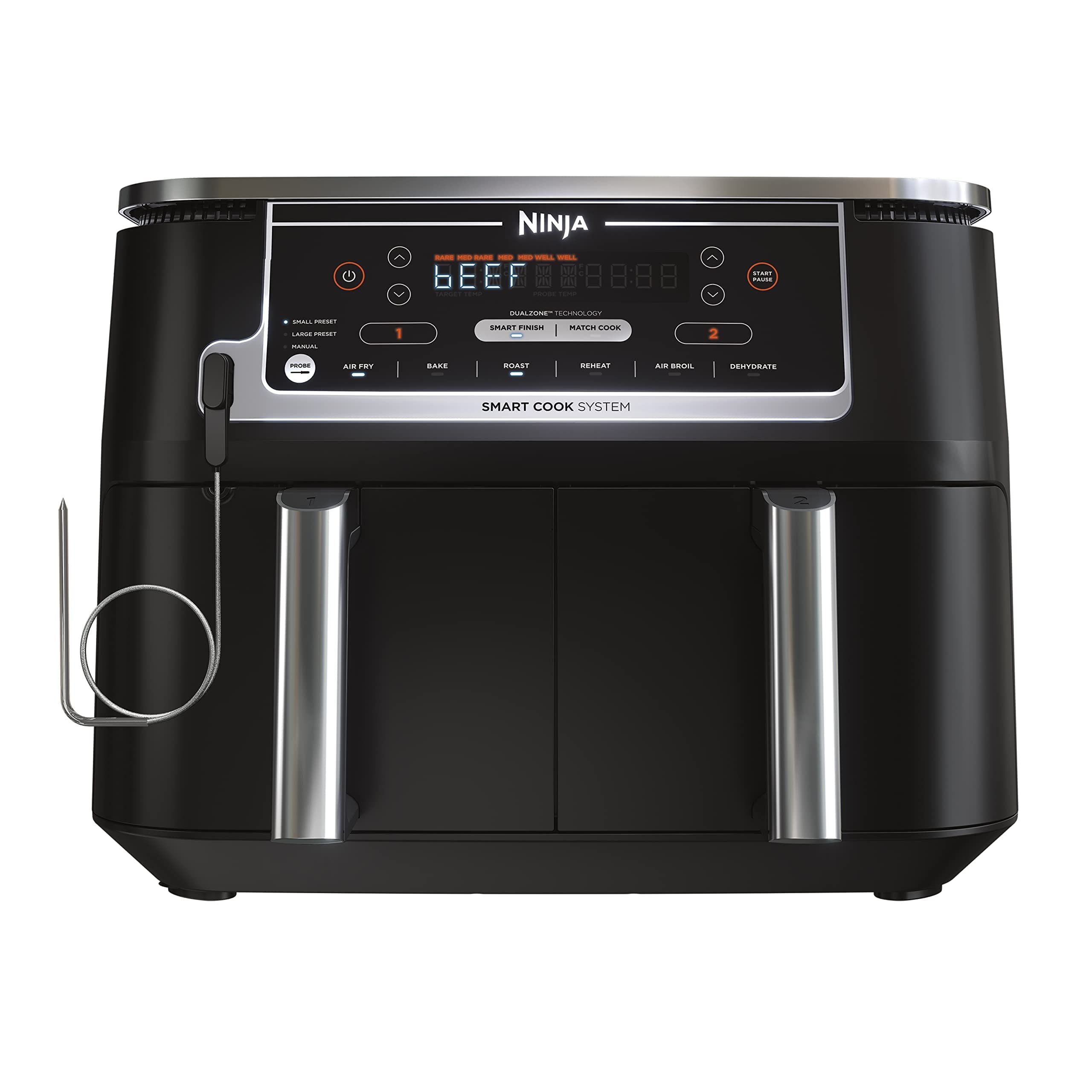 Ninja DZ550 Foodi 10 Quart 6-in-1 DualZone Smart XL Air Fryer with 2 Independent Baskets, Smart Cook Thermometer for Perfect Doneness, Match Cook & Smart Finish to Roast, Dehydrate & More, Grey (Renewed)