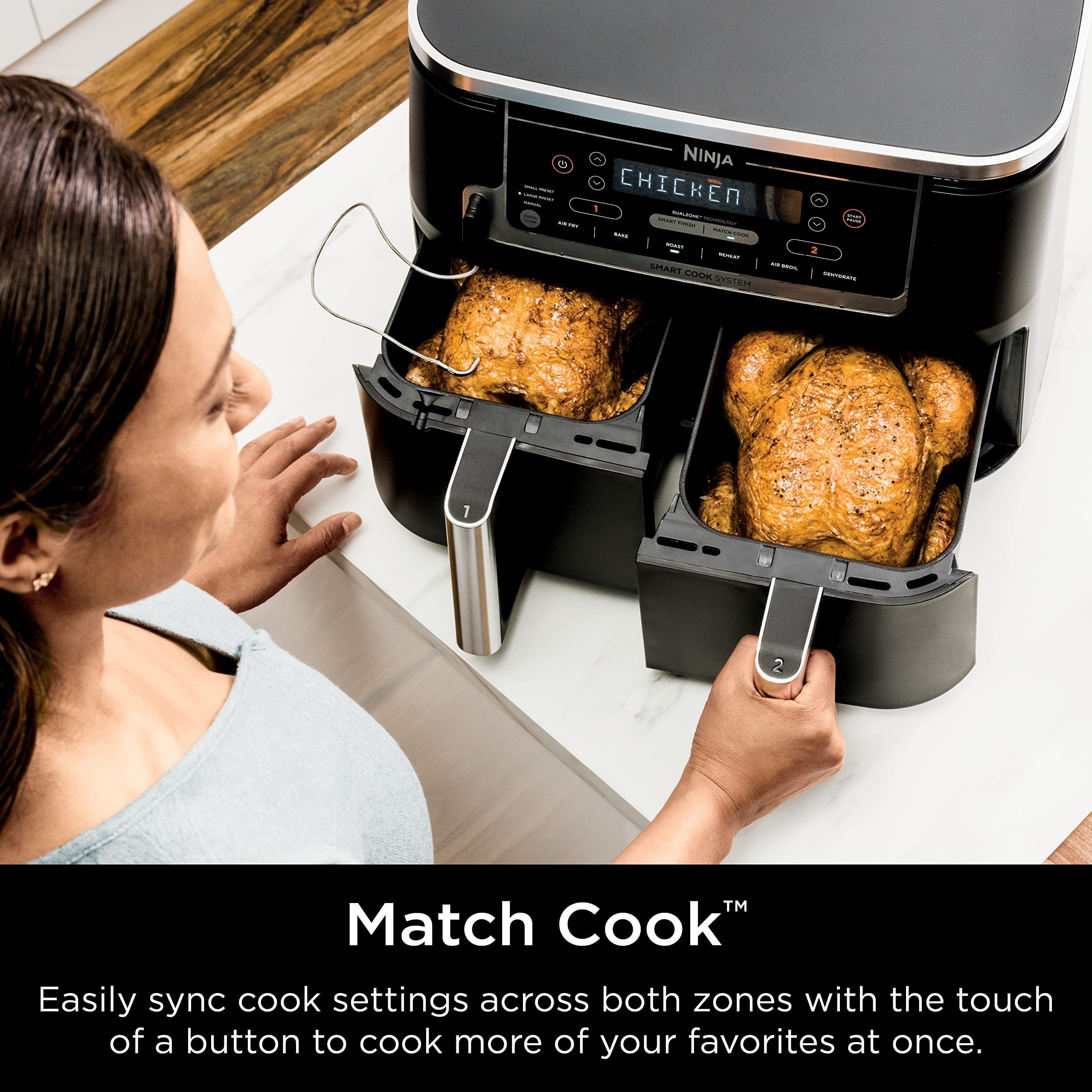 Ninja DZ550 Foodi 10 Quart 6-in-1 DualZone Smart XL Air Fryer with 2 Independent Baskets, Smart Cook Thermometer for Perfect Doneness, Match Cook & Smart Finish to Roast, Dehydrate & More, Grey (Renewed)