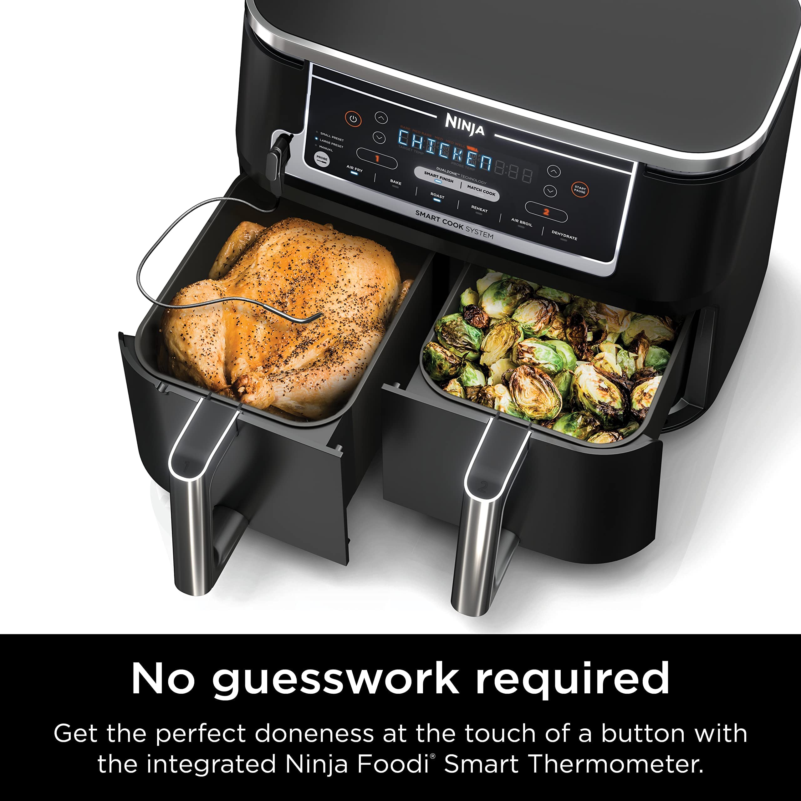 Ninja DZ550 Foodi 10 Quart 6-in-1 DualZone Smart XL Air Fryer with 2 Independent Baskets, Smart Cook Thermometer for Perfect Doneness, Match Cook & Smart Finish to Roast, Dehydrate & More, Grey (Renewed)