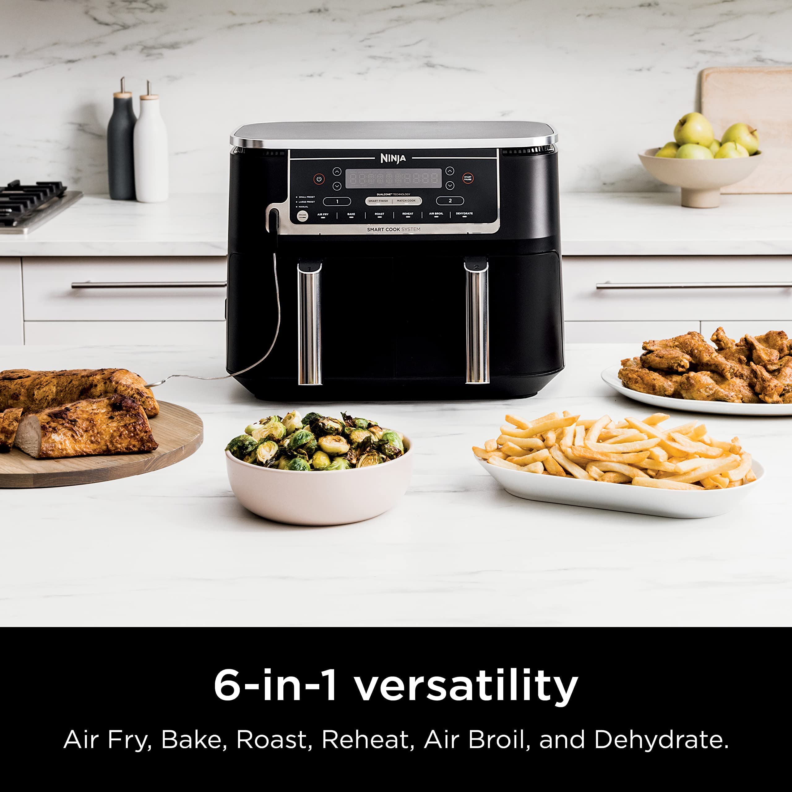 Ninja DZ550 Foodi 10 Quart 6-in-1 DualZone Smart XL Air Fryer with 2 Independent Baskets, Smart Cook Thermometer for Perfect Doneness, Match Cook & Smart Finish to Roast, Dehydrate & More, Grey (Renewed)