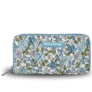 bella taylor slim card wallet for women | multi card zip around wallet with rfid protection | quilted cotton delicate floral blue