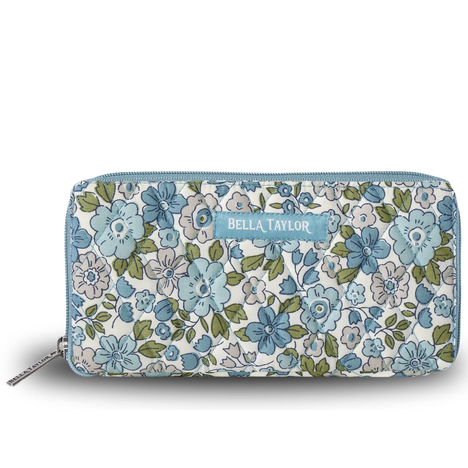 Bella Taylor Slim Card Wallet for Women | Multi Card Zip Around Wallet with RFID Protection | Quilted Cotton Delicate Floral Blue