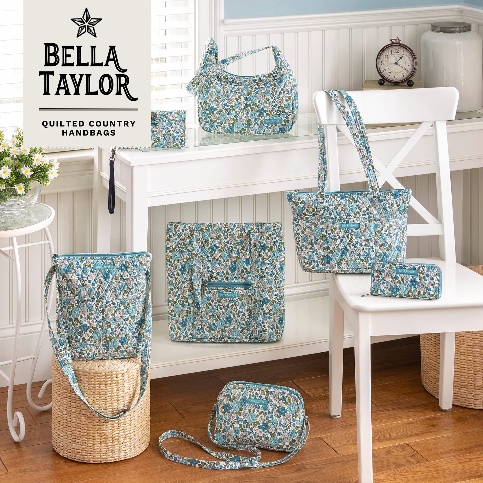 Bella Taylor Slim Card Wallet for Women | Multi Card Zip Around Wallet with RFID Protection | Quilted Cotton Delicate Floral Blue