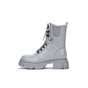 cape robbin serafina combat boots, lace up with d ring chunky block high top ankle bootie grey-10