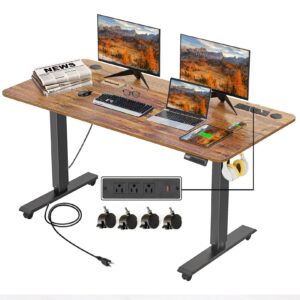 legooin electric adjustable height standing desk, 55×24 inches sit stand desk with power socket, 2 usb ports, 3 power outlets, 4 wheels,4 memory buttons home office desk (brown)