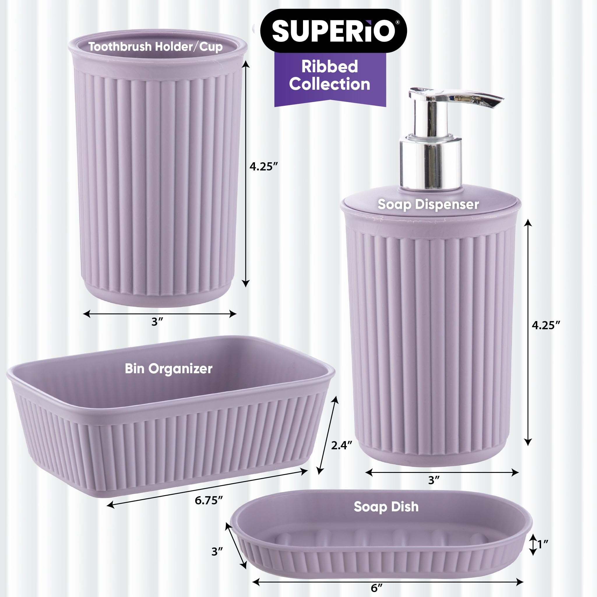 Superio Ribbed Collection - Decorative Plastic Bathroom Accessories Set, Lilac Purple (Set of 4) Soap Dish, Liquid Dispenser, Toothbrush Holder Cup, Vanity Organizer Tray - Bathroom Decor Gift