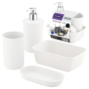 superio ribbed collection - decorative plastic bathroom accessories set, white (set of 4) soap dish, liquid dispenser, toothbrush holder cup, vanity organizer tray bathroom countertop decor gift