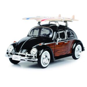 toy cars 1966 vw beetle black with wood panels and two surfboards on roof rack 1/24 diecast model car by motormax 79591