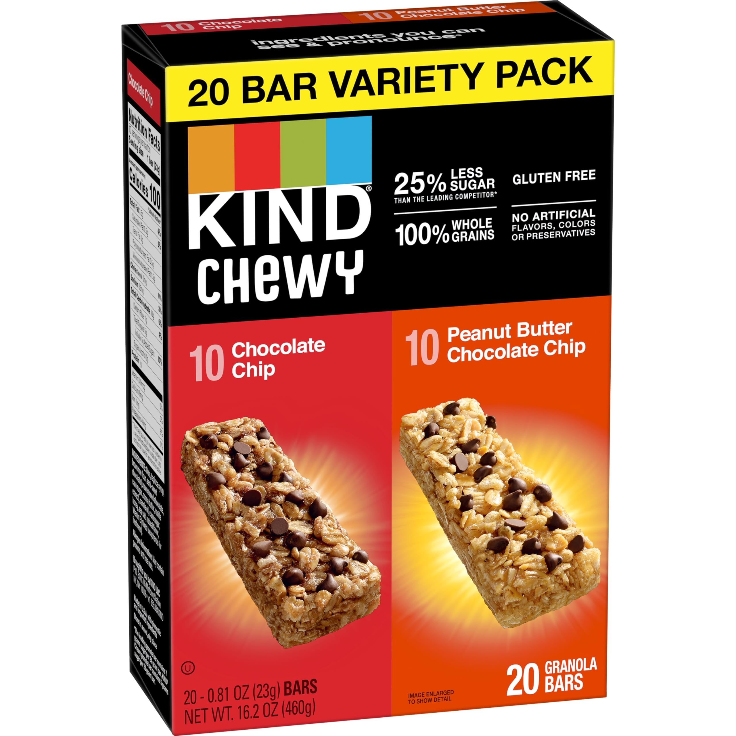 KIND KIDS Chewy Granola Bars, Chocolate Chip and Peanut Butter Chocolate Chip, Variety Pack, 100% Whole Grains, Gluten Free Bars, 0.81 oz (20 Count)