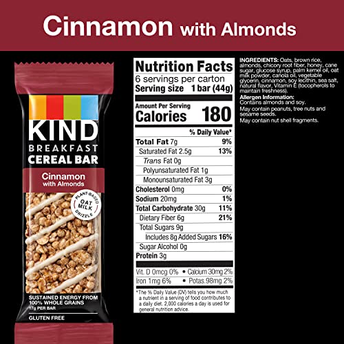 KIND Breakfast Cereal Bars, Gluten Free Snacks, Cinnamon with Almonds, 9.3oz Box (6 Bars)