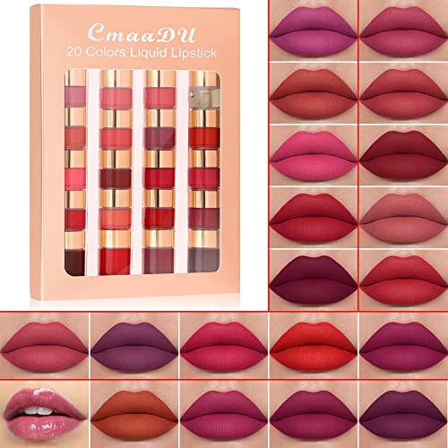 Kusslippe 20 Colors Waterproof Matte Liquid Lipstick Set, Mini Long Lasting 24 Hours Non-Stick Cup Velvet Lip Gloss Kit, Highly-Pigmented Nude Red Liquid Lipstick Makeup Sets for Women