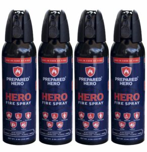 prepared hero fire spray - mini fire extinguishers for house, car, garage - kitchen small fire extinguisher for home, made in usa, 100% organic - compact, portable & easy to use, non-toxic - 4 pack