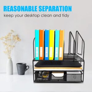 Desk File Organizer with Drawer Anyyuk Office Supplies Organizer with Double Tray and 5 Upright File Folder Holders Sections Desktop Organizer for Workspace Home Office School, Black