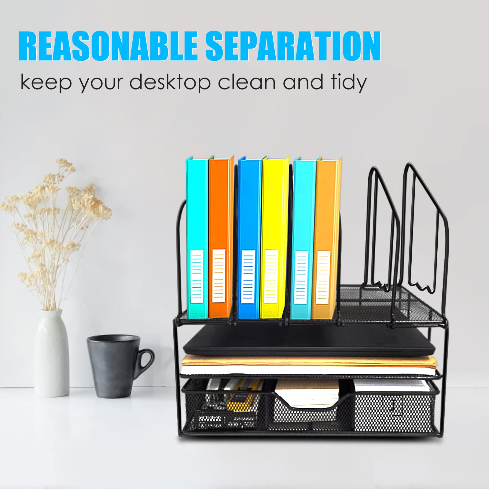 Desk File Organizer with Drawer Anyyuk Office Supplies Organizer with Double Tray and 5 Upright File Folder Holders Sections Desktop Organizer for Workspace Home Office School, Black