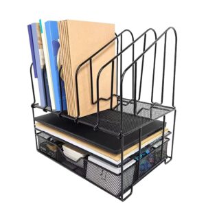 Desk File Organizer with Drawer Anyyuk Office Supplies Organizer with Double Tray and 5 Upright File Folder Holders Sections Desktop Organizer for Workspace Home Office School, Black