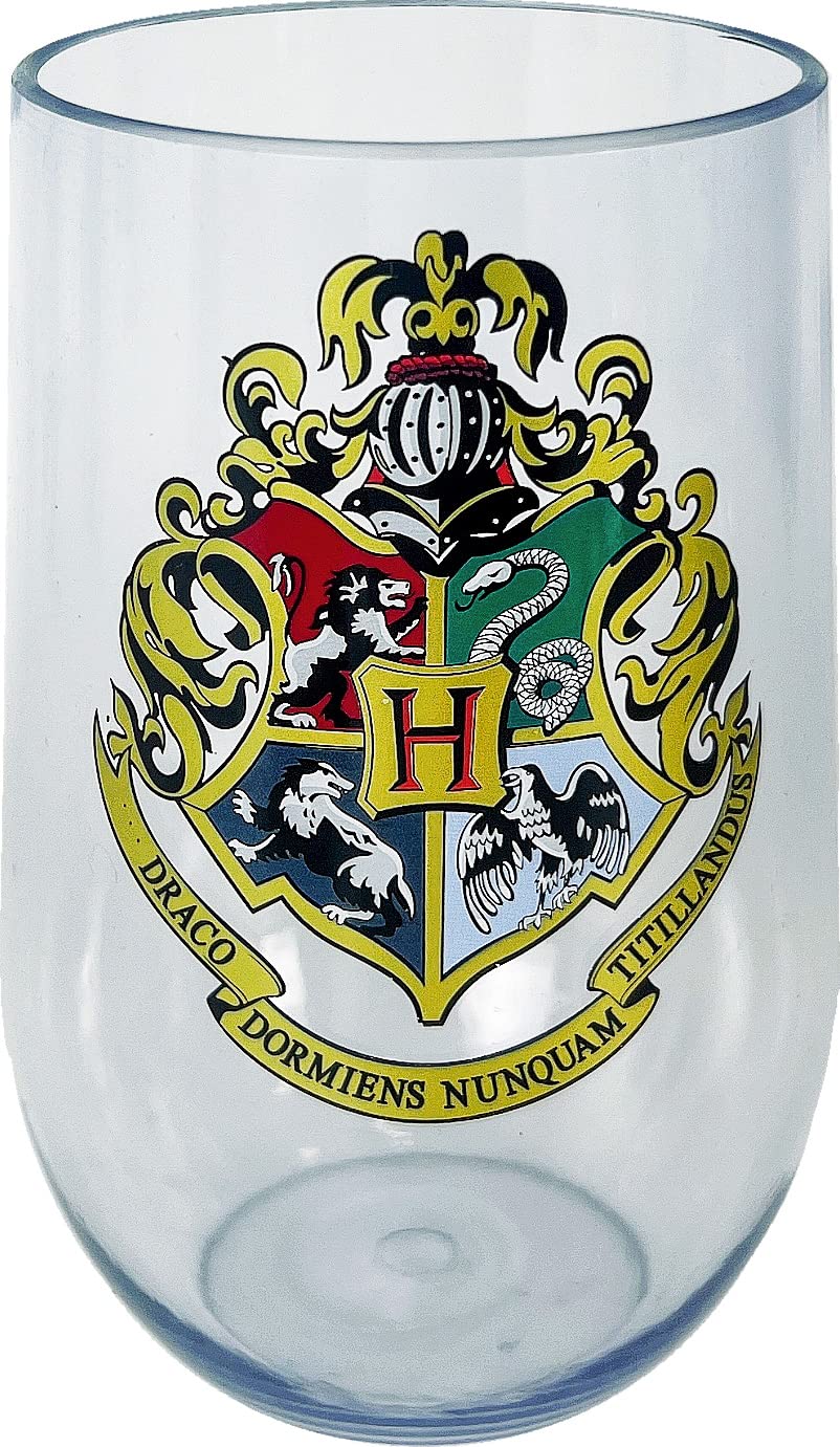 Spoontiques - Hogwarts Crest Acrylic Wine Cup - Harry Potter Acrylic Wine Tumbler – Acrylic Stemless Wine Glass – 16oz - 5 5/8” Tall