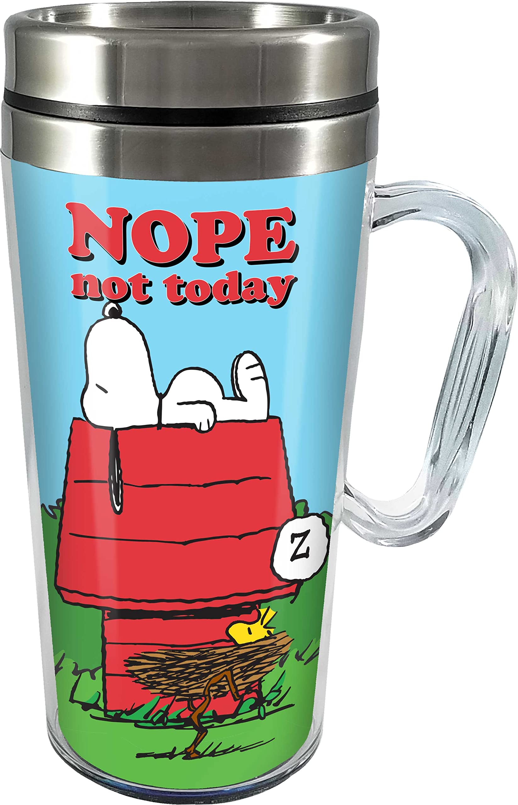 Spoontiques - Ceramic Travel Coffee Mug with Lid and Handle - Spill Proof Lid - Double Walled Cup for Hot and Cold Beverages - Microwave and Dishwasher Safe - Snoopy Insulated Travel Mug