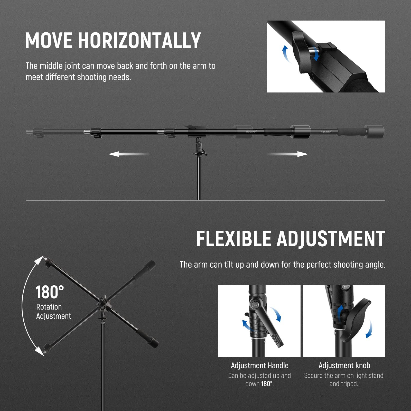 NEEWER Tripod Boom Arm, 35" to 61" (89 to 155cm) with 1.5kg Counterweight and Sandbag, 1/4" Screw Compatible with Softbox, Studio Light, Flash, Umbrella, Ring Light, Max Load 5kg