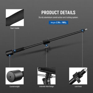 NEEWER Tripod Boom Arm, 35" to 61" (89 to 155cm) with 1.5kg Counterweight and Sandbag, 1/4" Screw Compatible with Softbox, Studio Light, Flash, Umbrella, Ring Light, Max Load 5kg