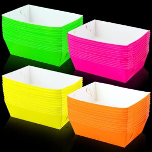 48 pieces neon glow party paper food trays party supplies paper boats paperboard trays snack candy popcorn nacho hot dog trays serving bowl for food buffet glow neon party decorations, 4 colors