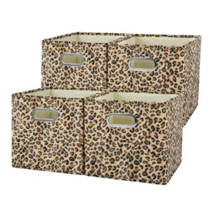 anminy 4pcs storage cube set leopard print large velvet fabric storage bins boxes baskets with handles pp plastic board foldable closet shelf organizer container for home office - brown, 11"x 11"x 11"