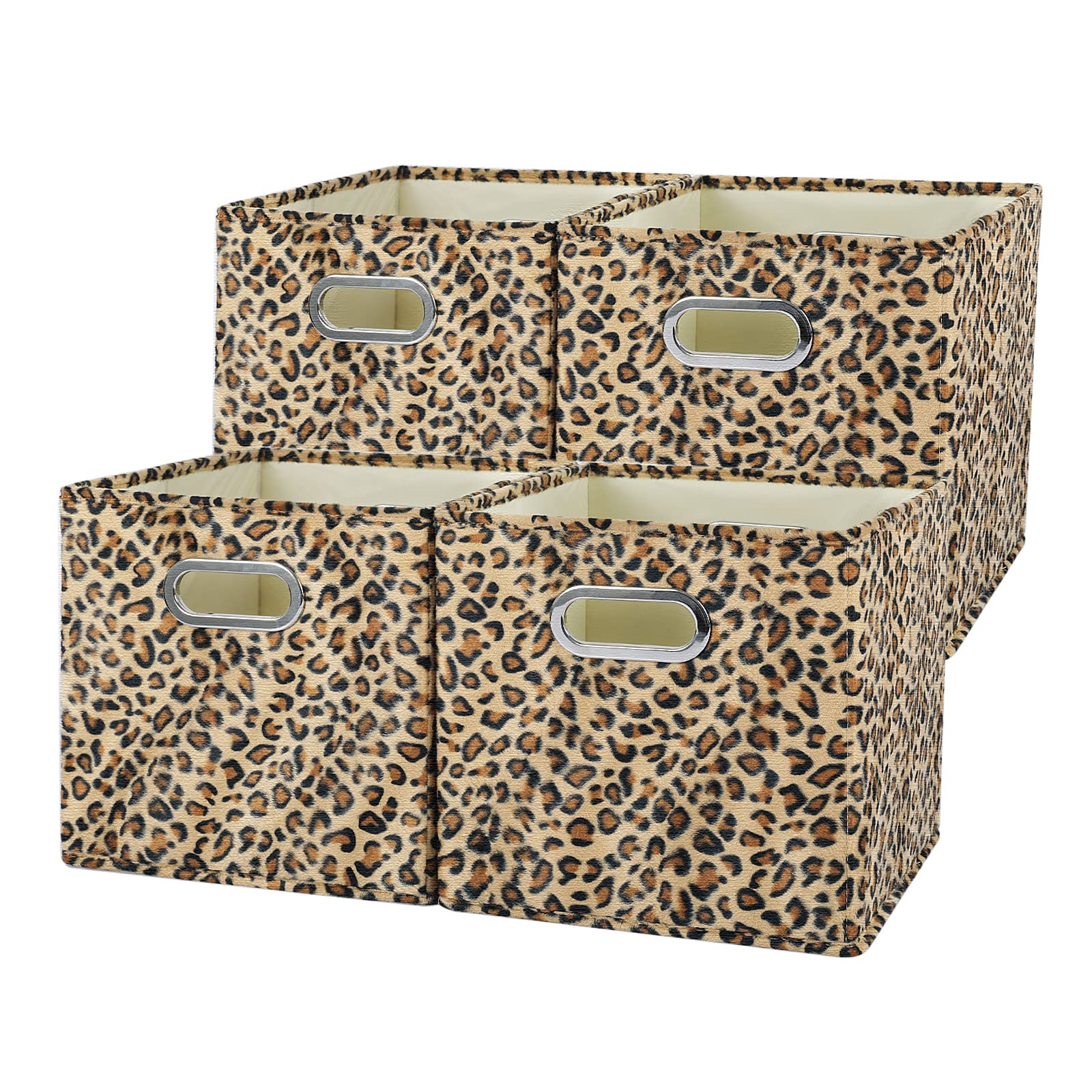 ANMINY 4PCS Storage Cube Set Leopard Print Large Velvet Fabric Storage Bins Boxes Baskets with Handles PP Plastic Board Foldable Closet Shelf Organizer Container for Home Office - Brown, 11"x 11"x 11"