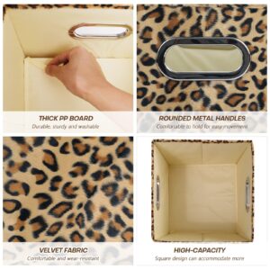 ANMINY 4PCS Storage Cube Set Leopard Print Large Velvet Fabric Storage Bins Boxes Baskets with Handles PP Plastic Board Foldable Closet Shelf Organizer Container for Home Office - Brown, 11"x 11"x 11"