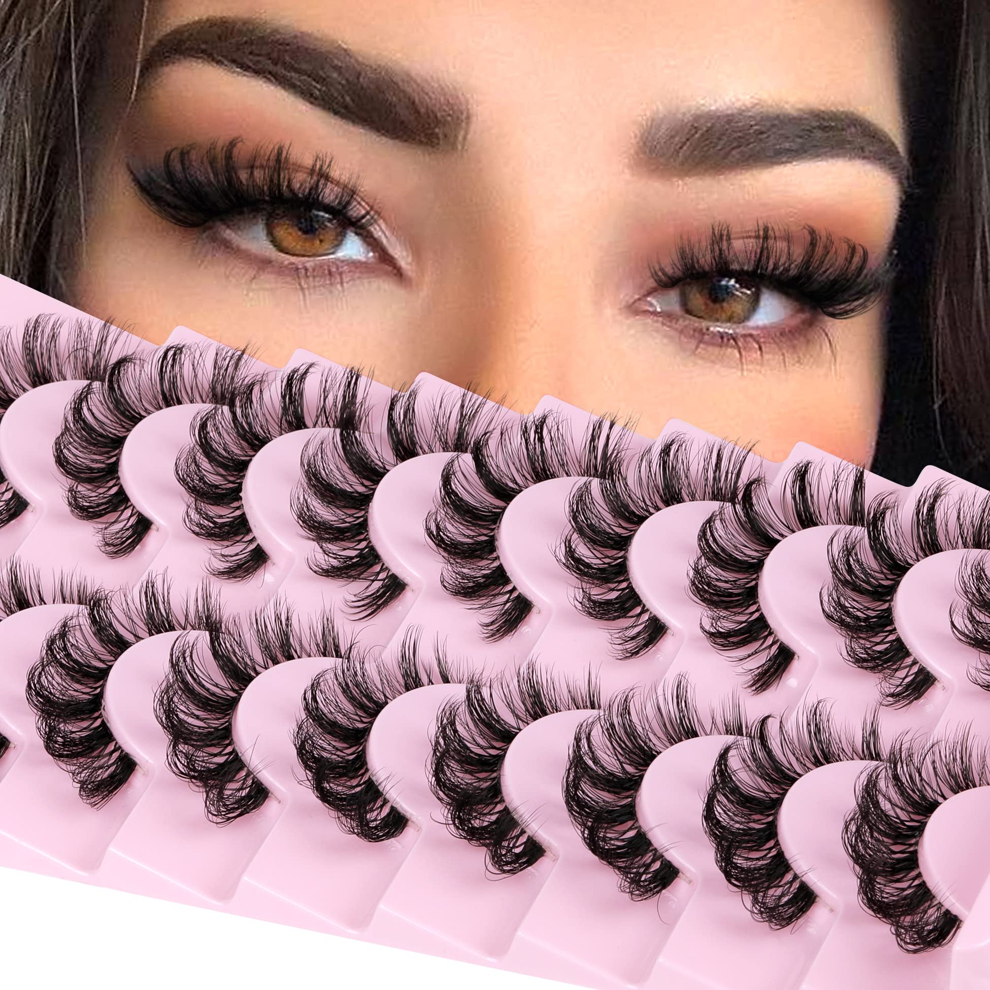 ALPHONSE Russian Lashes Clear Band False Eyelashes Natural Look D Curl Curly Fake Lashes Russian Strip Faux Mink Eyelashes 9 Pairs Pack