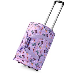 choco mocha girls butterfly suitcase with wheels kids purple rolling duffle bag for camping teen girls toddler luggage bag for travel, 22inch
