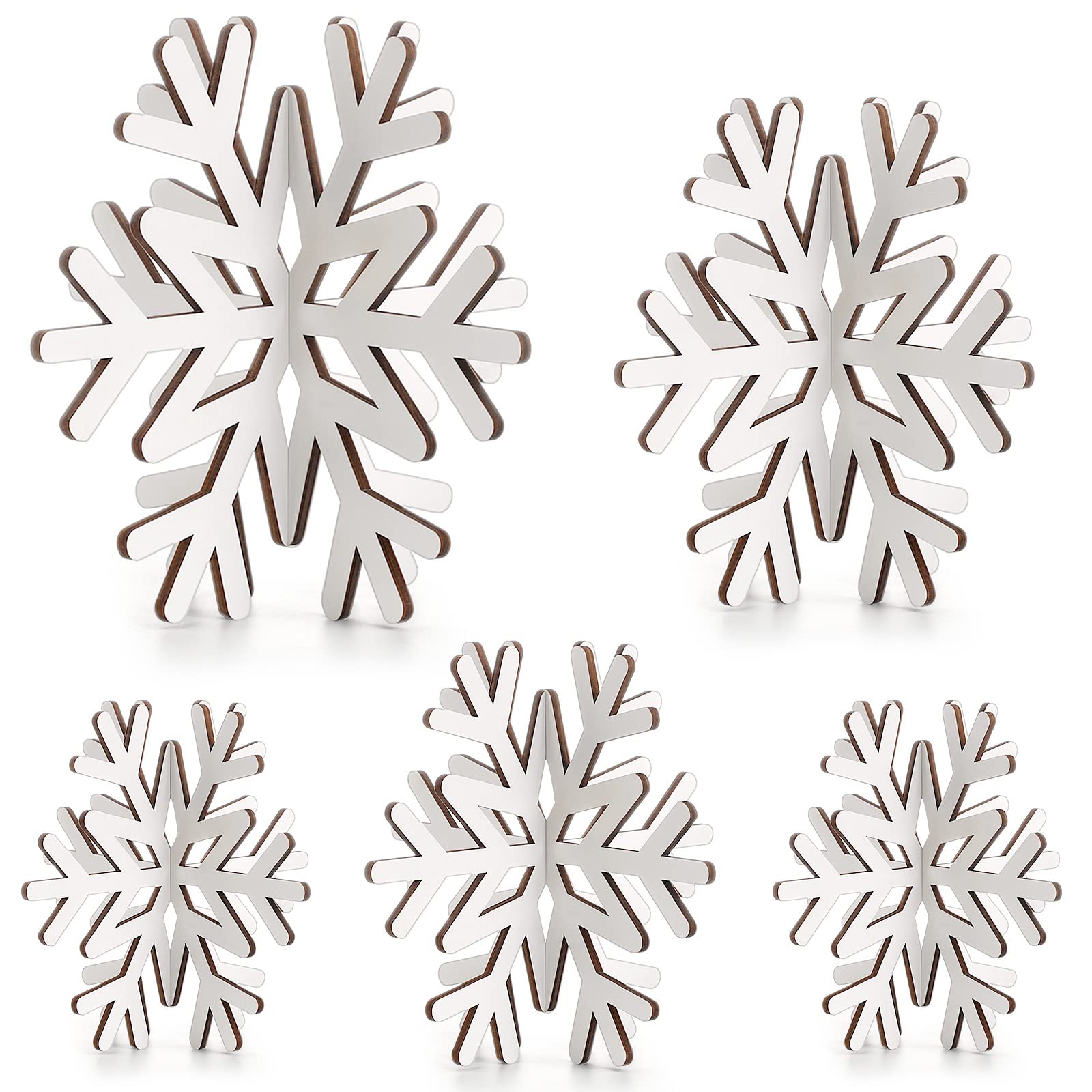 Tuanse Winter Wooden Snowflake Decorations 3D Snowflake Tabletop Decor Farmhouse Standing Table Sign Snowflake Centerpiece for Winter Party Porch Wall Fireplace Tray, White(5 Pieces)