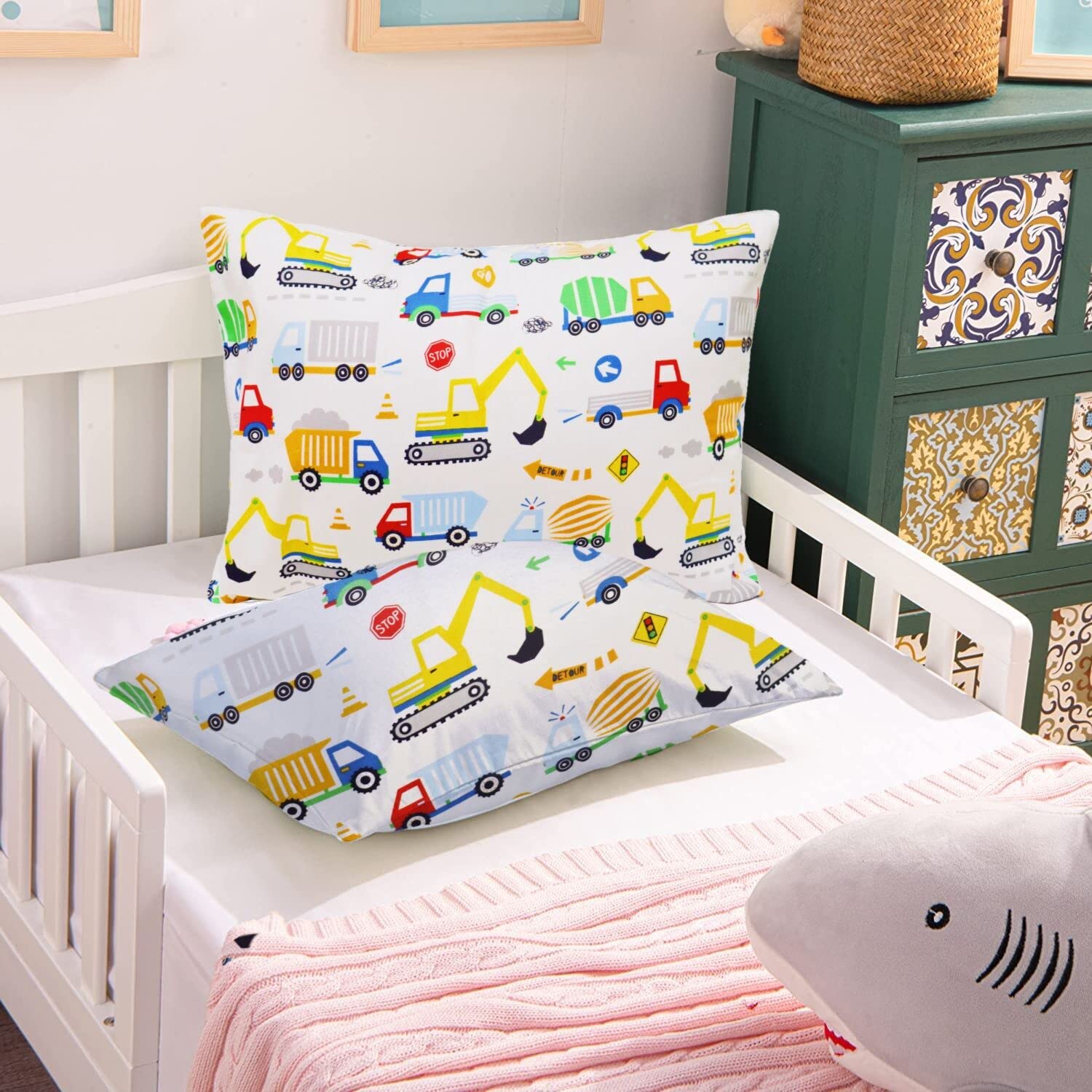 Baby Toddler Pillow Cases Trcuk Pattern - Child Pillowcase Fit Kids & Travel Pillows 13 x 18, 14 x19 - Soft Cotton Pillows Cover Set of 2, Envelope Pocket, Durable Well Stitched, Boy Girl Crib Bedding