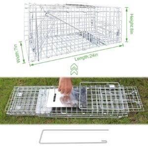 Live Animal Cage Trap,24 X 7 X 8In Animal Trap for Rabbits,Stray Cats,Squirrels,Humane Cat Trap,Foldable Live Traps Cage with Handle for Groundhogs,Opossums