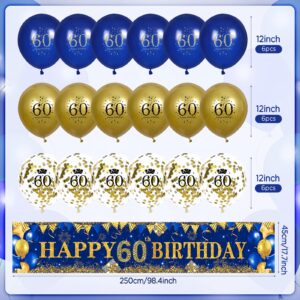 60th Birthday Decorations for Men Women Navy Blue and Gold 60th Birthday Yard Banner and 18 PCS 60th Birthday Balloons Birthday Party Supplies for Anniversary Birthday Party Indoor Outdoor Yard Decor