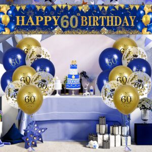 60th Birthday Decorations for Men Women Navy Blue and Gold 60th Birthday Yard Banner and 18 PCS 60th Birthday Balloons Birthday Party Supplies for Anniversary Birthday Party Indoor Outdoor Yard Decor