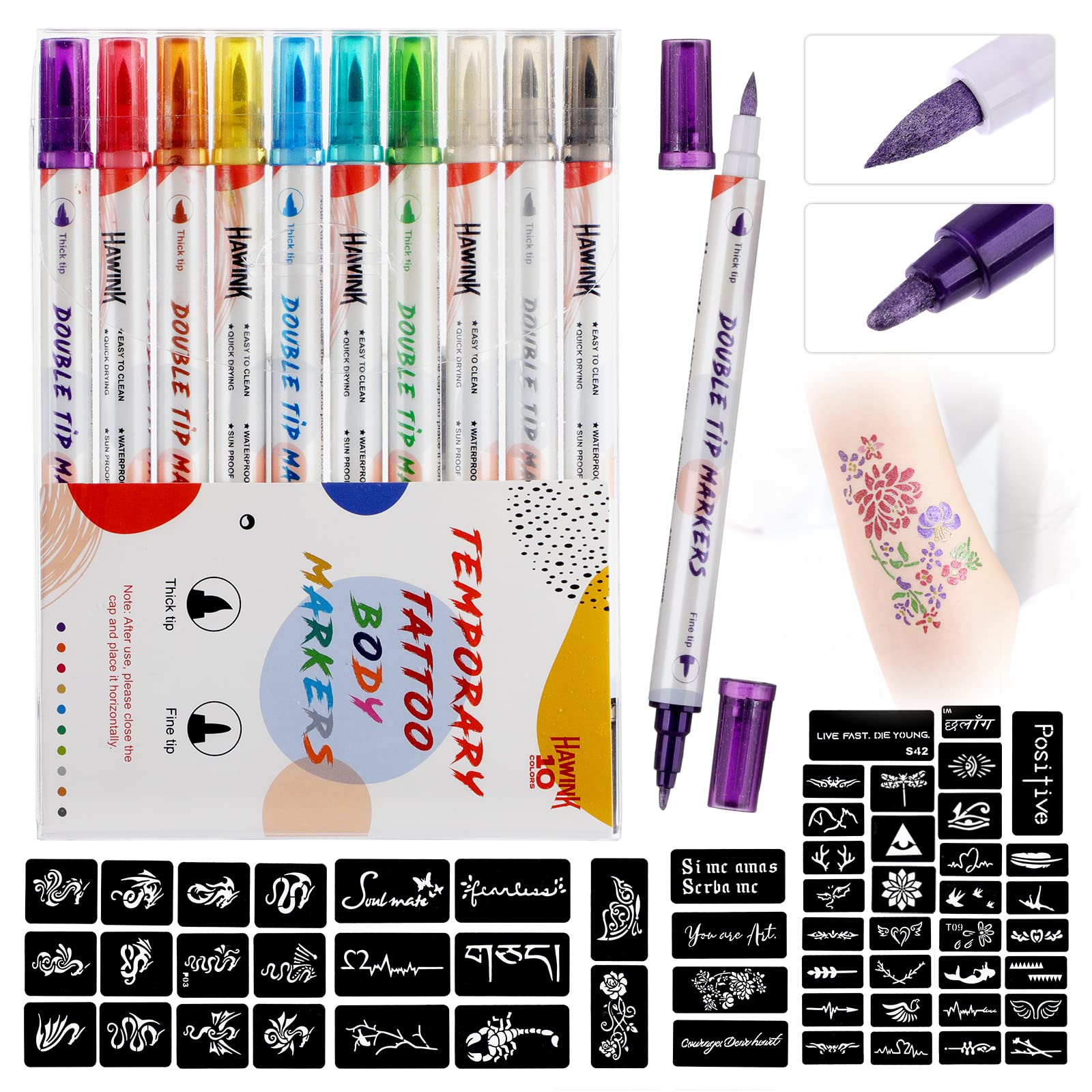 HAWINK Temporary Tattoo Markers for Skin, 10 Body Markers + 56 Large Tattoo Stencils for Kids and Adults, Dual-End Tattoo Pens Make Bold and Fine Lines with Cosmetic-Grade Tattoo Ink ZYH2208001KIT